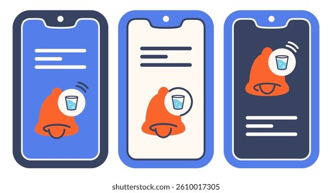 Drink water alert on Phone. Notification out Drinking water. Smart wellness interface about care about healthy. Hydration reminder message on smartphone. vector illustration
