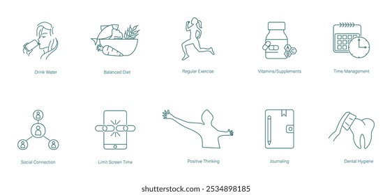 Beber Agua, Dieta Equilibrada, Ejercicio Regular, Multivitamínico, Administración de Tiempo, Conexión Social, Tiempo de Pantalla Limitado, Pensamiento Positivo, Diario, Higiene Dental Vector Icon Set