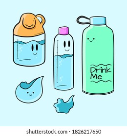 Drink water. bottle only, zero waste concept. various bottle. glass flusk. hand drawn cute trendy illustration. all element isolated
