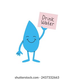 Drink water concept with cute drop of water character. Flat vector illustration isolated on white background.