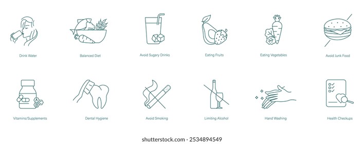 Beber Agua, Comer Verduras, Evitar Bebidas Azucaradas, Comer Frutas, Evitar Comida Chatarra, Multivitamínico, Higiene Dental, Dejar de Fumar, Dejar de Beber, Lavarse Las Manos, Chequeo Médico Vector Icon Set