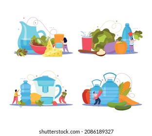 Drink water flat composition people and a healthy lifestyle with a proper diet of fruits vegetables and water vector illustration