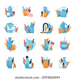 Icono plano de agua potable fijar el agua en diferentes volúmenes y para diferentes personas con preferencias personales ilustración vectorial