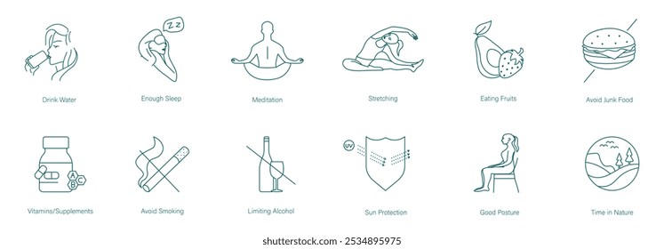 Beber agua, Dormir lo suficiente, Meditación, Estiramiento, Comer verduras, Evitar la comida chatarra, Multivitamínico, Dejar de fumar, Dejar de beber, Protección UV, Buena postura, Tiempo en la Naturaleza Vector Icon Set