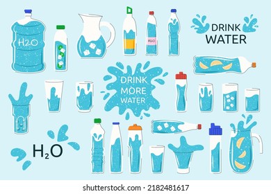 Drink water from glass and bottle. Ice drops in plastic cup. Cute line thermos. Detox cocktail mug. Eco habits. Jug for liquid. Cold refreshing beverage. Vector doodle illustration