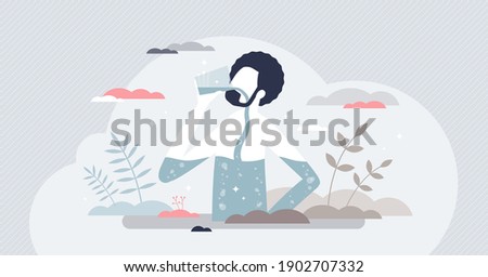 Drink water for health and balance thirst to keep body hydrated tiny person concept. Mineral refreshment from x-ray view as liquid pouring in human digestive system vector illustration. Pure beverage.