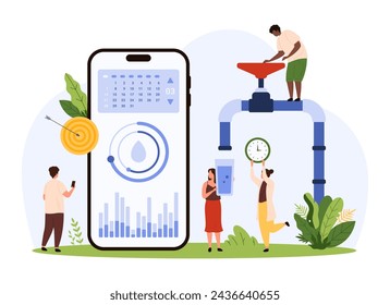 Drink water and hydration mobile app for phone. Tiny people using reminder software, smart application with calendar and graphs, pouring water from tap to stay hydrated cartoon vector illustration