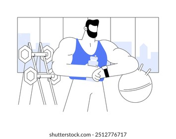 Beba Ilustraciones vectoriales de dibujos animados aislados de agua. Hombre muscular deportivo bebe agua y mira esta pulsera de seguimiento de fitness, estilo de vida saludable y activo, caricatura de Vector de descanso de entrenamiento.