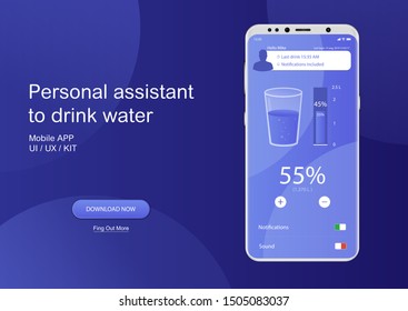 Drink water mobile app. UI, UX, GUI Application to control the daily intake of water. Healthy lifestyle, sport concept.  The recommended dose of water every day and track your progress. Fitness App