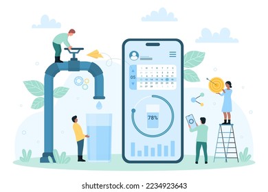 Drink water mobile app vector illustration. Cartoon tiny people holding faucet valve to fill glass with clean water, control daily hydration with calendar planner and data chart on phone screen