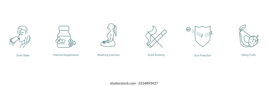 Drink Water, Multivitamin, Breathing Exercises, Meditation, Avoid Smoking, Sun Protection, Eat Fruits Vector Icon Set