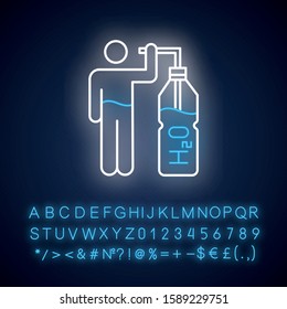 Drink water neon light icon. Healthcare and skincare. Common cold aid. H2O for moisturizing. Mineral water. Glowing sign with alphabet, numbers and symbols. Vector isolated illustration