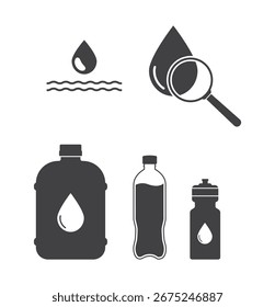 Beba agua en una botella de plástico y gota con el conjunto de iconos de lupa