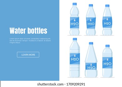 Drink water in plastic bottle set on white background website design. H2O Website for water sale or delivery. Banner