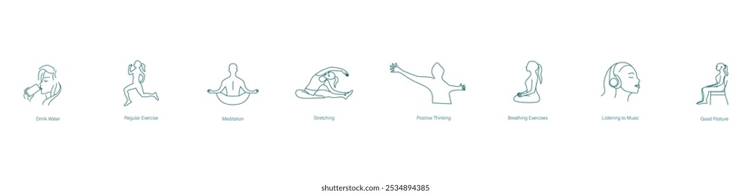 Drink Water, Regular Exercise, Meditation, Stretching, Positive Thinking, Breathing Exercise, Listen to Music, Maintain a Good Posture Vector Icon Set