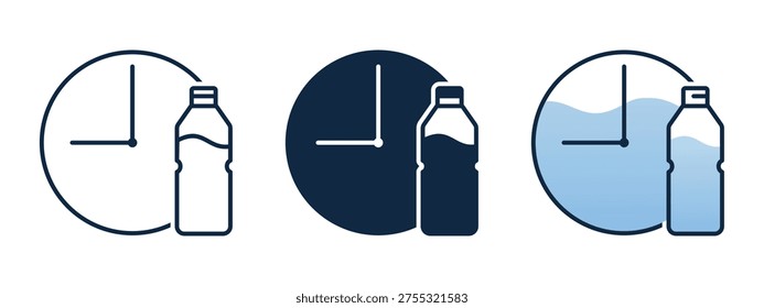 Drink Water Reminder Icon with Bottle and Time Clock Symbol. Vector Illustration