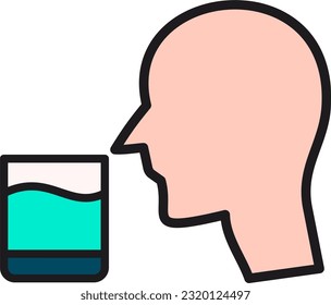 ícono de recordatorio de agua de bebida, hombre sediento, vaso o agua, símbolo web de color plano con un contorno negro de moda.