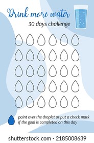 Drink water tracker. Personal 30 days challenge printable template. Habits tracker blank. Vertical page A4 A5. Vector illustration of paper sheet for marking success in month. 