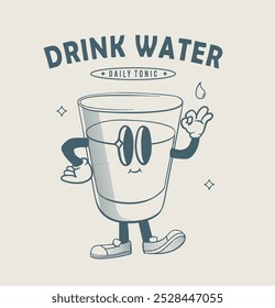 Drink water vintage vector design, water glass cartoon vector, Good health club vector artwork for t shirt, sticker, poster, graphic print