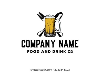 Drink Wine Beer Glass with Cross Spoon And Fork Hand Drawn Logo Symbol Vector