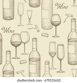 Drink wine seamless doodle pattern. Wine card bar background