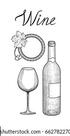 Drink wine set. Wine glass, bottle, lettering. Cafe menu. Wine card doodle background