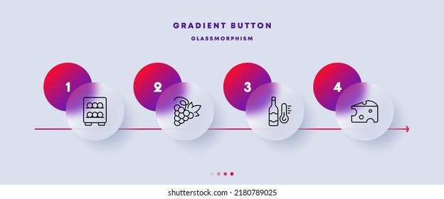Drink wine set icon. Vault, cellar, grapes, temperature, drink, alcohol, thermometer, cheese, red, white, storage conditions. Relax concept. Glassmorphism style. Vector line icon for Business.