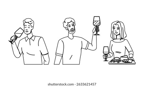 drink wine tasting vector. party taste, food dinner, red event drink wine tasting character. people black line pencil drawing illustration