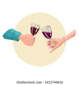 Drink wine. Vector Isolated Graphic Design Illustration. Red wine, toast, beverage Woman, man, adult. Flat, cartoon, comic.