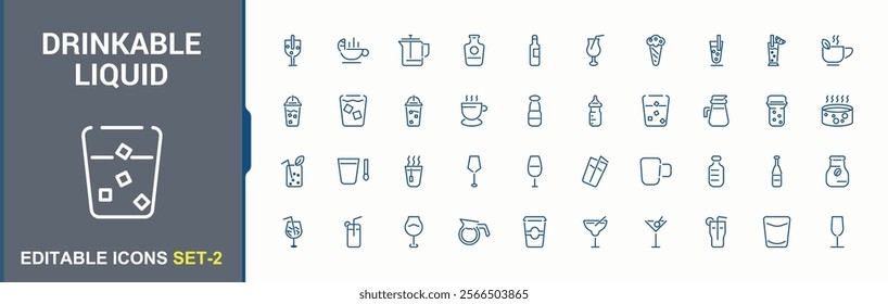 Drinkable Liquid and beverage icon collection. Icons drinks, cup, juice, glasses, soda, bottle, cocktail . Minimalist thin linear style icons. Editable stroke. Vector illustration.