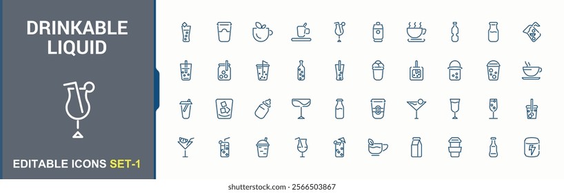 Drinkable Liquid and beverage icon collection. Icons drinks, cup, juice, glasses, soda, bottle, cocktail . Minimalist thin linear style icons. Editable stroke. Vector illustration.