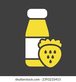 Drinkable yoghurt bottle with flavor strawberry vector on dark background icon. Dairy product sign. Graph symbol for cooking web site and apps design, logo, app, UI