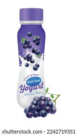 Drinkable yogurt with black grapes realistic bottle design template vector illustration