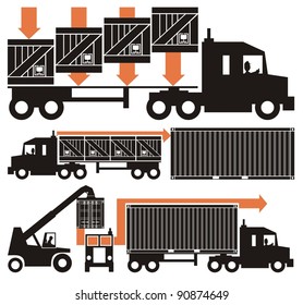 A drink/beverage/chemical compound from empty bottle to the consumer - vector cartoon illustration set in five schematic charts, Part Two, i.e. boxed goods loaded on truck and a shipping container