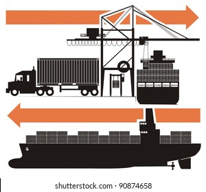 A drink/beverage/chemical compound from empty bottle to the consumer - vector cartoon illustration set in five schematic charts, Part Three, i.e. the shipping container are loaded on a container ship