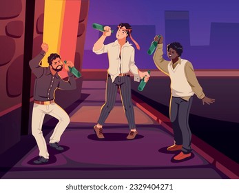 Drinkers men. Drunk guys on street, people intoxication, alcoholics with bottles near nightclub or bar, dangerous addiction, cartoon flat illustration. Tidy vector addicted persons concept