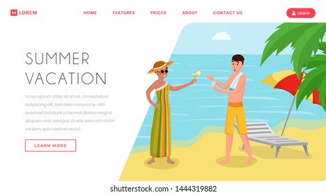 Drinking alcohol on seashore landing page. Holidaymakers enjoying cocktails on vacation, tropical holiday resort flat vector illustration. Traveling agency website, webpage template
