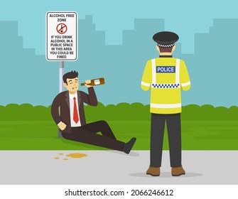 Drinking of alcohol in public place prohibited. Sad business manager or worker drinking alcohol. Police officer writing a ticket to a drunk male holding bottle. Flat vector illustration template.