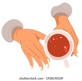 Drinking aromatic freshly brewed beverage. Isolated hands of woman holding cup of tea, lady drinking tasty herbal drink. Restaurant or cafe, served dish with delicate taste. Vector in flat style