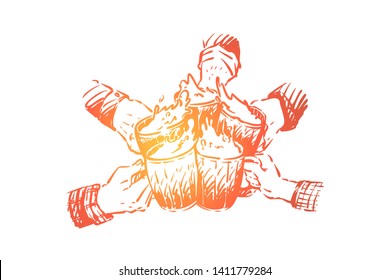 Drinking beer with friends, spending weekend, mugs filled with beverage, relaxing and celebrating after work. Toasting, cheers together at pub and bar concept sketch. Hand drawn vector illustration