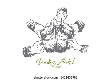 Drinking beer with friends, spending weekend, mugs filled with beverage, relaxing and celebrating after work. Toasting, cheers together at pub and bar concept sketch. Hand drawn vector illustration