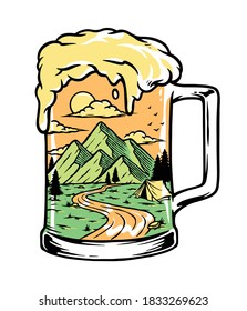 Drinking beer on the mountain illustration