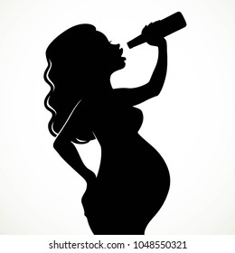 Drinking beer pregnant woman silhouette isolated on white background