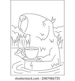 drinking capybara chilling coloring book page for kids or grown adults coloring book mindful relaxation activity