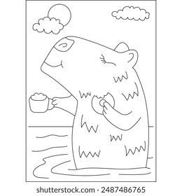 drinking capybara chilling coloring book page for kids or grown adults coloring book mindful relaxation activity