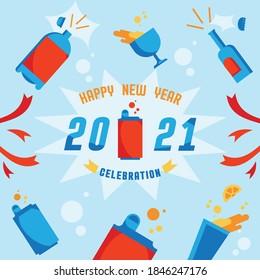 drinking celebration 2021 with splash soft drink, alcohol drink with ribbon splash