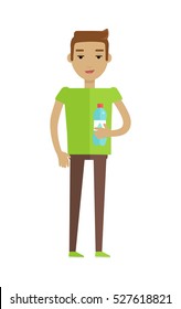 Drinking clean water vector. Flat design. Young man standing with bottle of water. Healthy drinks. Valuable natural resources. For ecological and healthcare concepts. Isolated on white background