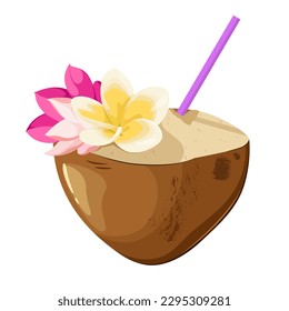 Drinking coconut with tropical flowers on a white background. Summer. Coconut milk.