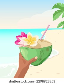 Drinking coconut with tropical flowers. Summer. Coconut milk.