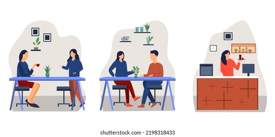 Drinking coffee at cafe flat design bundle illustration